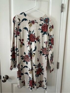 LOFT Cream Long-Sleeve Floral Dress with Pink and Teal Flowers